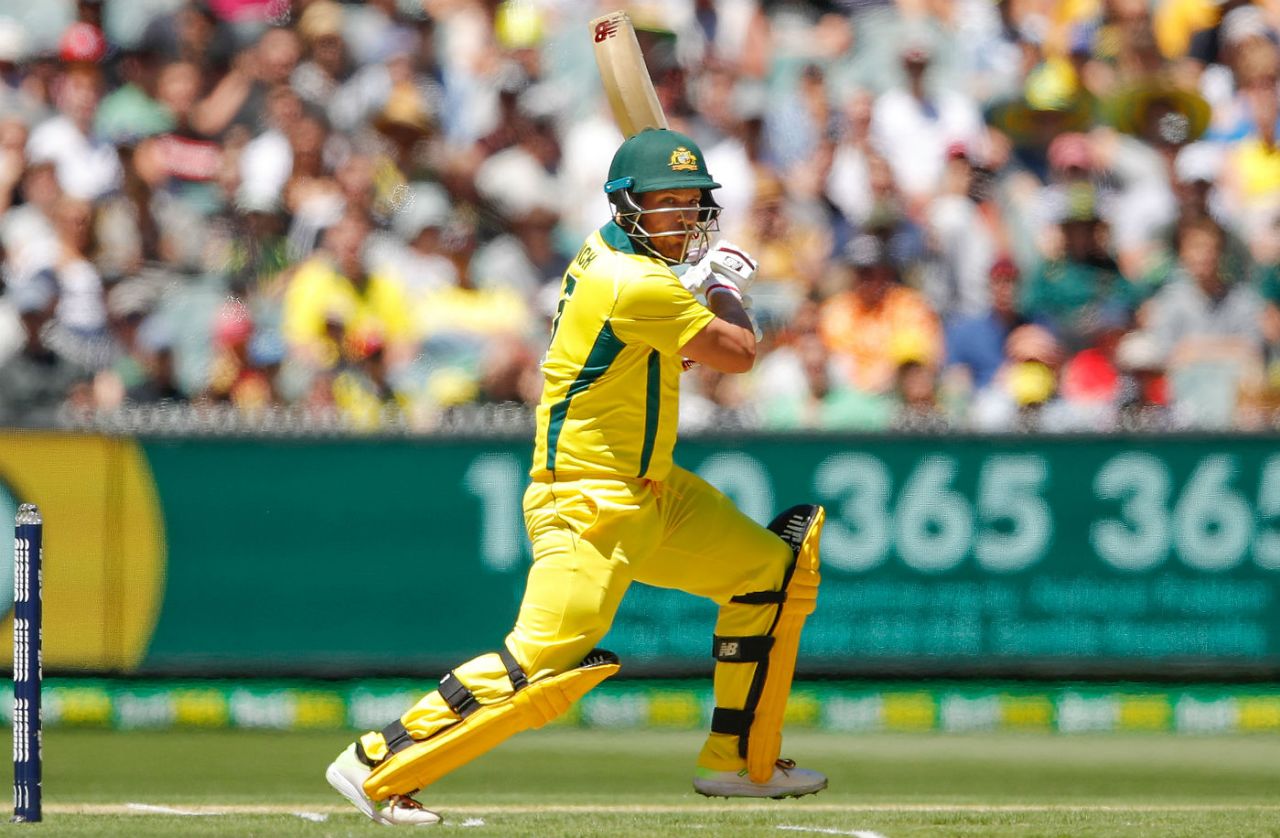 Aaron Finch cuts through the off side, Australia v England, 1st ODI, Melbourne, January 14, 2018
