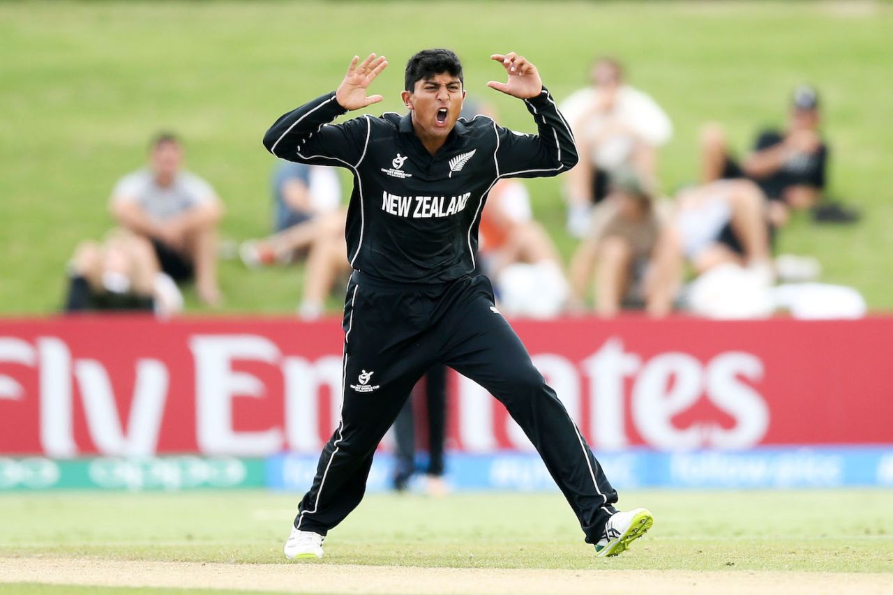 Rachin Ravindra gets close to taking a wicket, New Zealand v West Indies, Under-19 World Cup, Group A, Mount Maunganui, January 13, 2018