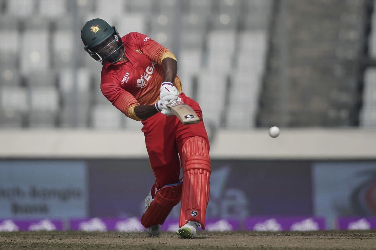 Solomon Mire plays a lofted shot, Sri Lanka v Zimbabwe, tri-series, Mirpur, January 17, 2018