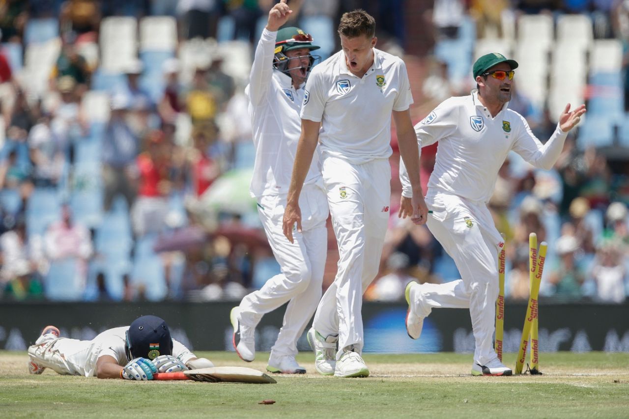 Cheteshwar Pujara lies prone on the pitch after being run out, South Africa v India, 2nd Test, Centurion, 5th day, January 17, 2018
