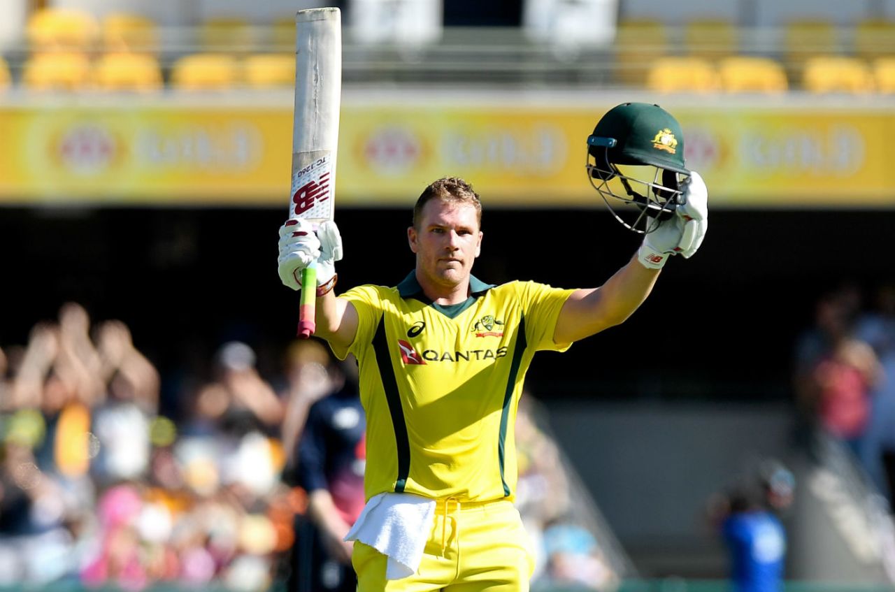 Aaron Finch celebrates his second hundred in as many matches, Australia v England, 2nd ODI, Brisbane, January 19, 2018
