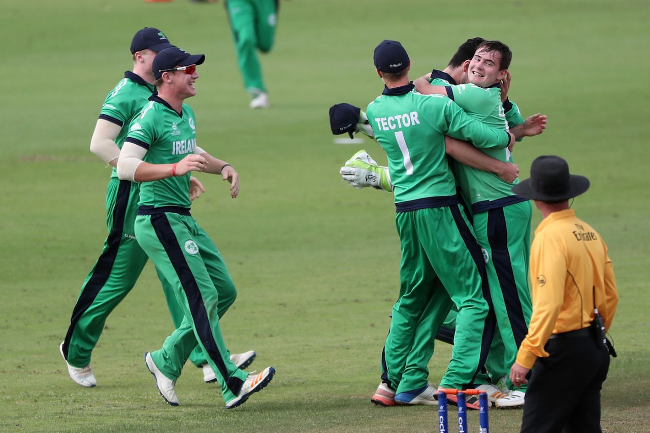 The Ireland players celebrate their thrlling win, Ireland v Afghanistan, Under-19 World Cup, Group D, Whangarei, January 20, 2018