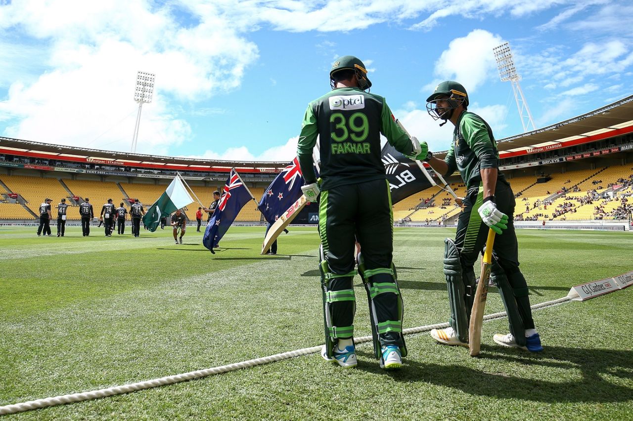 Fakhar Zaman and Umar Amin walk out to bat, New Zealand v Pakistan, 1st T20I, Wellington, January 22, 2018
