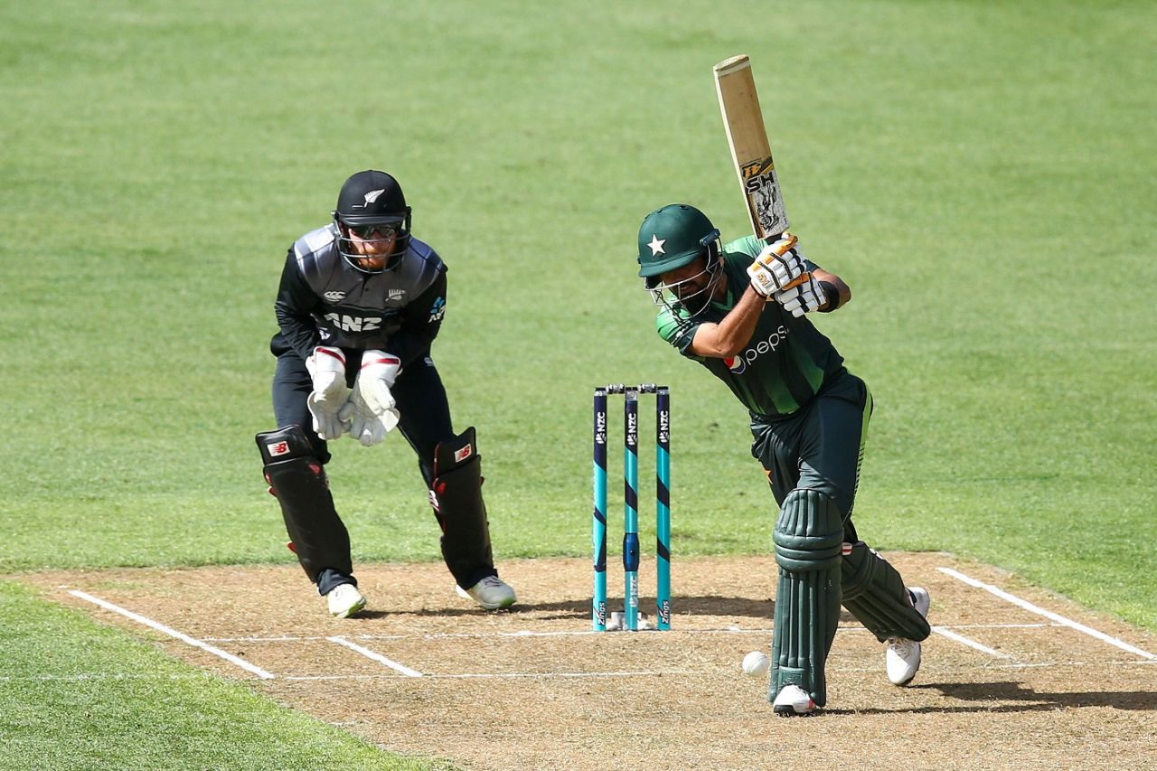 Babar Azam drives down the ground, New Zealand v Pakistan, 1st T20I, Wellington, January 22, 2018