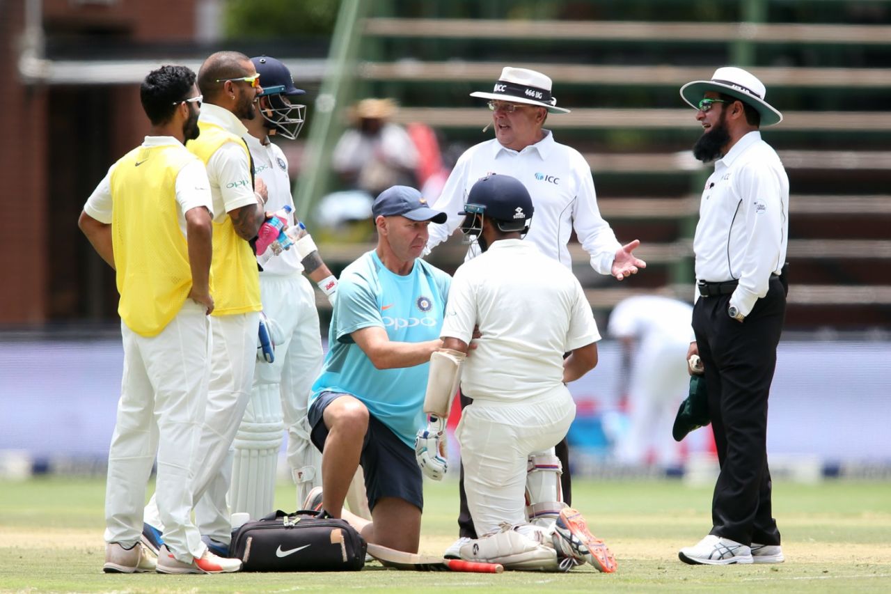 Cheteshwar Pujara required treatment after he was regularly hit on the body, South Africa v India, 3rd Test, Johannesburg, 1st day, January 24, 2018