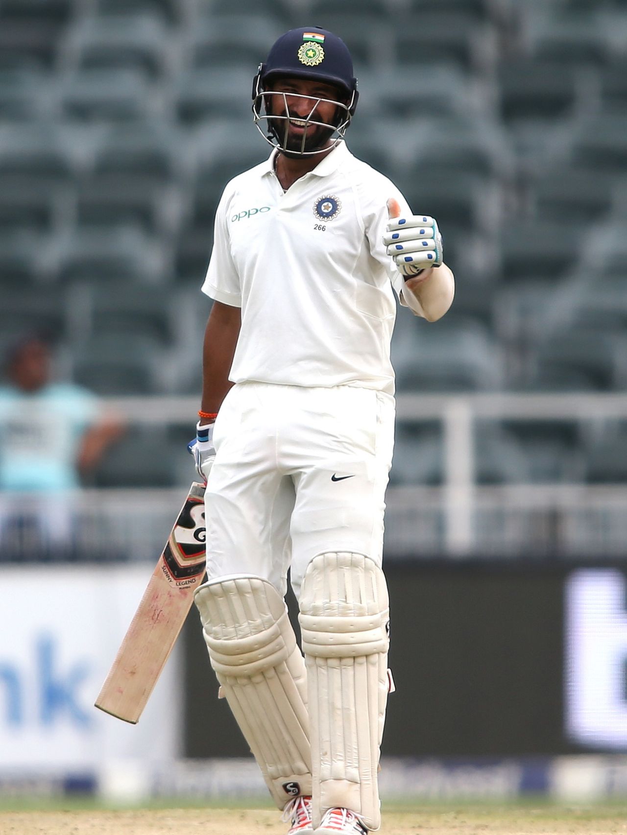 Cheteshwar Pujara smiles after getting off the mark. It took him 54 deliveries, South Africa v India, 3rd Test, Johannesburg, 1st day, January 24, 2018