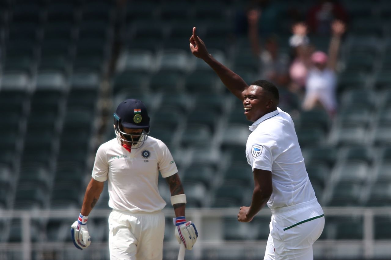 Lungi Ngidi turns to point to his parents after a dismissal, South Africa v India, 3rd Test, Johannesburg, 1st day, January 24, 2018