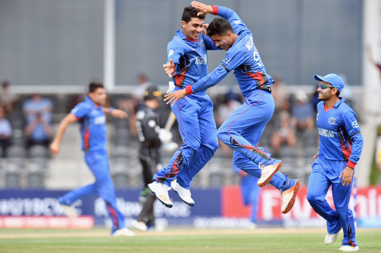 Mujeeb Zadran (right) is thrilled after taking a wicket, New Zealand v Afghanistan, Under-19 World Cup, quarter-final, Christchurch, January 25, 2018