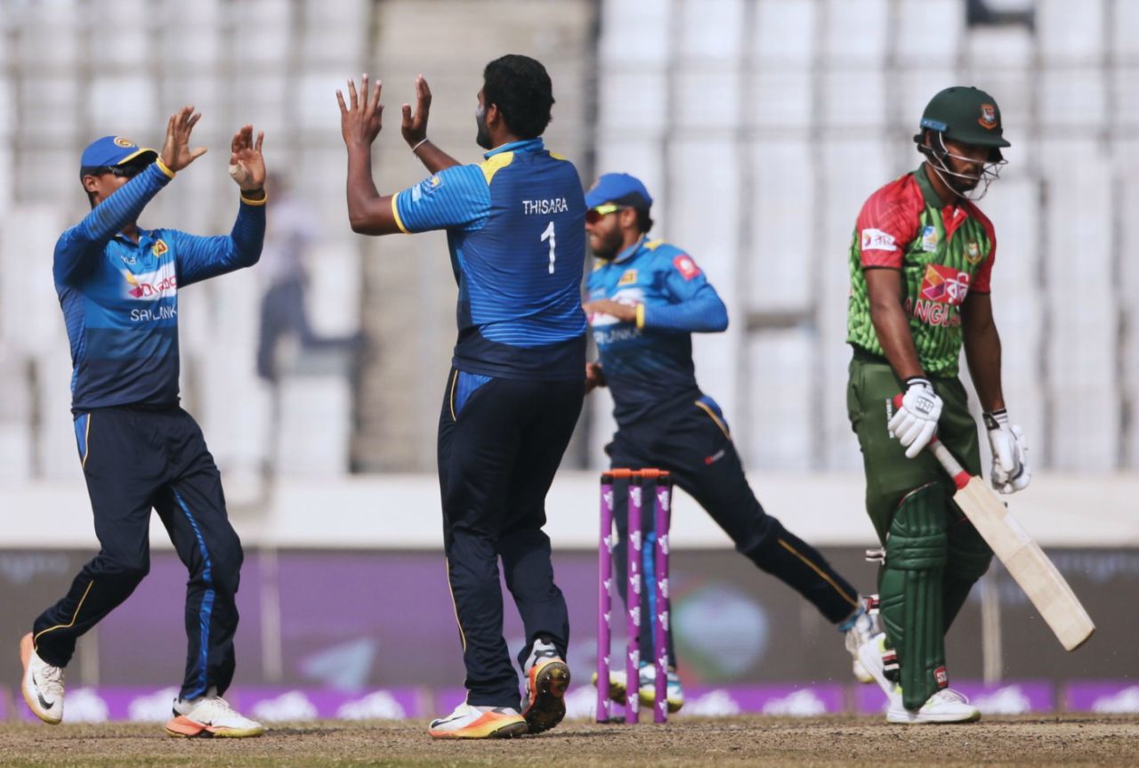 Thisara Perera finished with 2 for 27, including the wicket of Abul Hasan, Bangladesh v Sri Lanka, tri-series, Dhaka, January 25, 2018