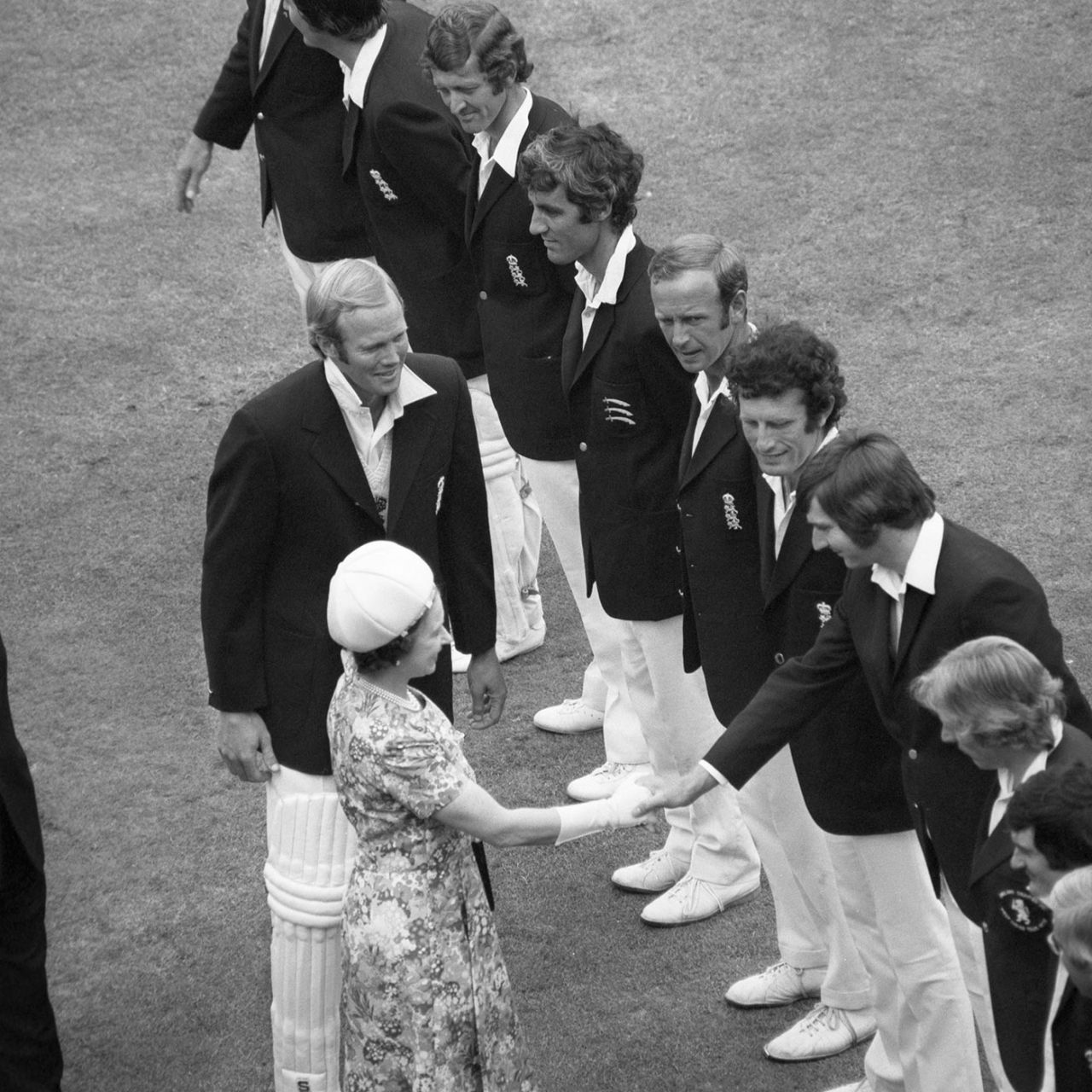 The England players are introduced to the Queen. From top left: Bob Woolmer, Pat Pocock, Mike Brearley, Derek Underwood, John Snow, Chris Old, Barry Wood, Alan Knott and David Steele. England v West Indies, second Test, day four, Lord's, June 21, 1976
