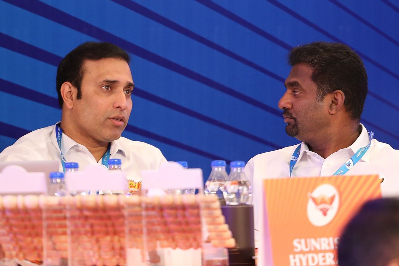 VVS Laxman and Muttiah Muralitharan engage in discussion at the IPL auction, Bengaluru, January 28, 2018