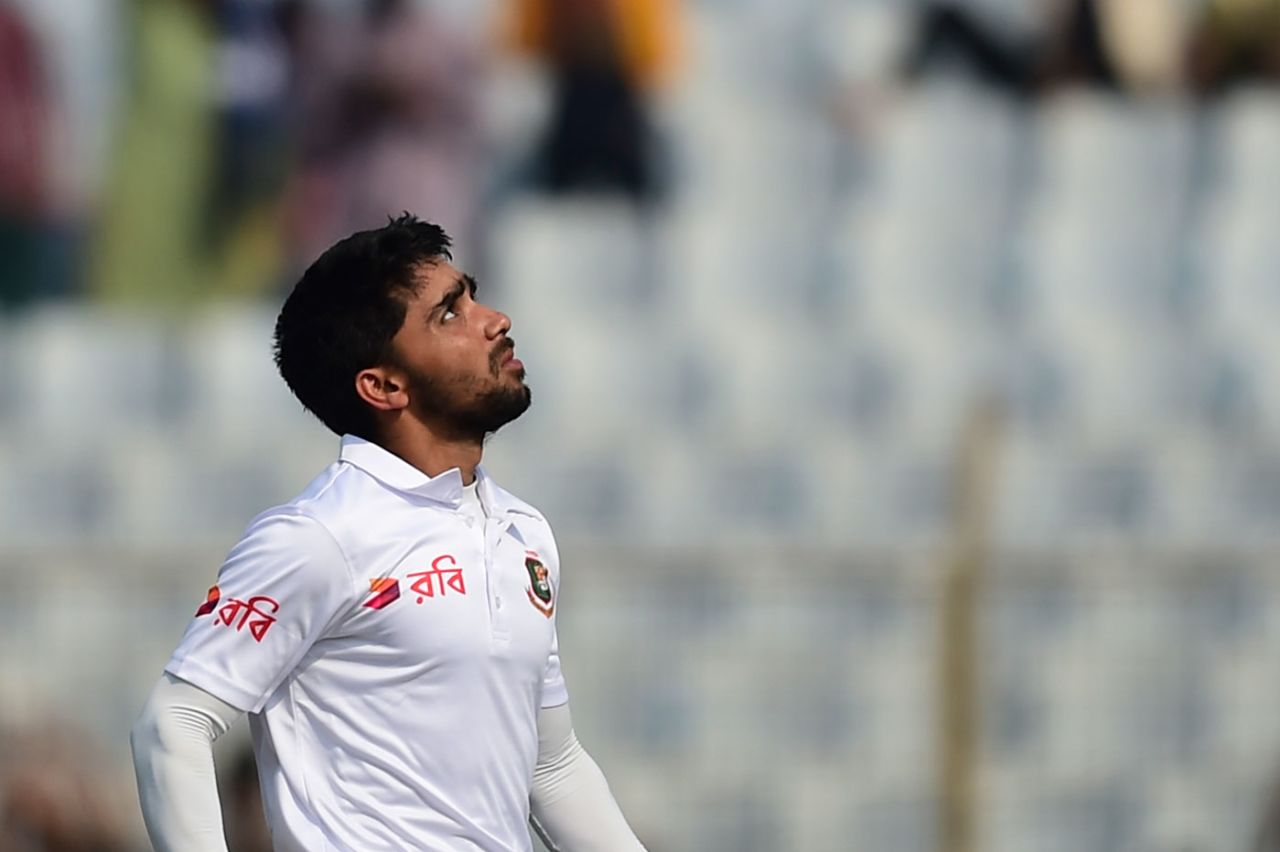 Mominul Haque looks to the skies after reaching his century, Bangladesh v Sri Lanka, 1st Test, Chittagong, 1st day, January 31, 2018