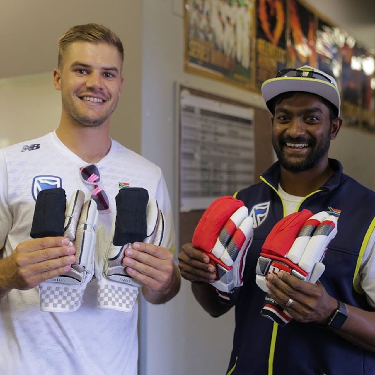 Aiden Markram joined South Africa's physio Craig Govender to work on the gloves
