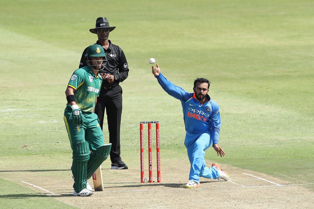Kedar Jadhav gets low to deliver the ball, South Africa v India, 1st ODI, Durban, February 1, 2018