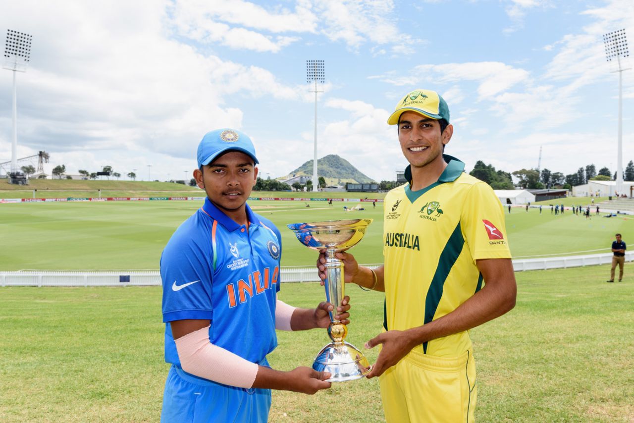 Prithvi Shaw and Jason Sangha pose with the Under-19 World Cup trophy, Australia v India, U-19 World Cup final, Mount Maunganui, February 2, 2018