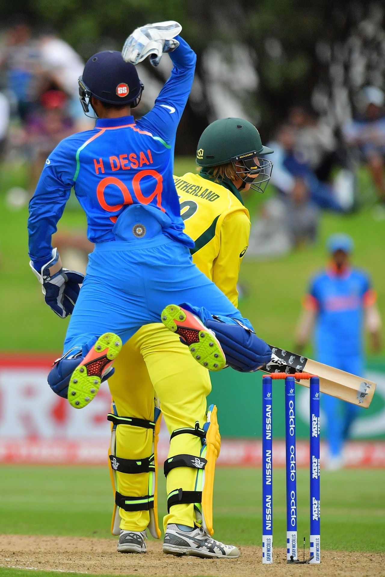 Harvik Desai leaps after taking a catch to dismiss Will Sutherland, Australia v India, Under-19 World Cup, final, Mount Maunganui, February 3, 2018