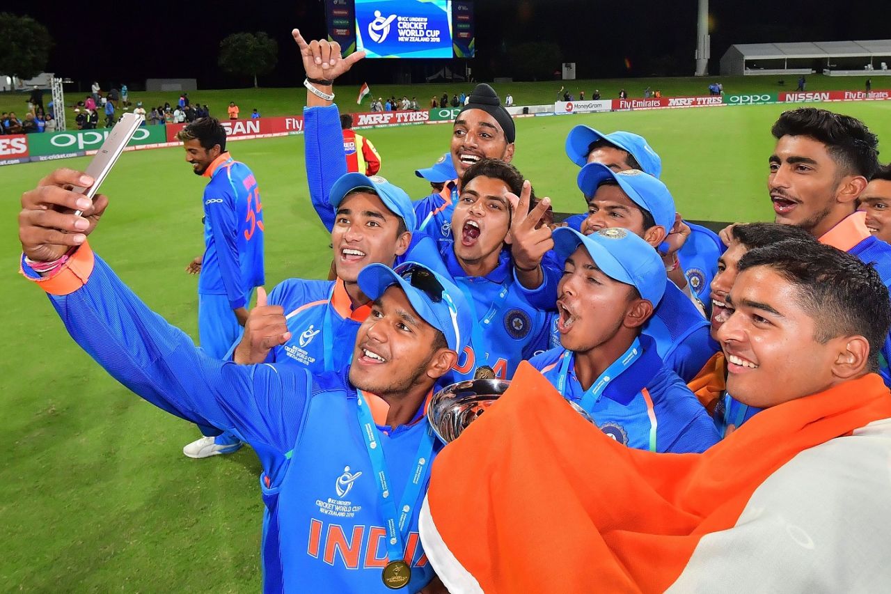 India's players celebrate their win with a selfie, Australia v India, Under-19 World Cup, final, Mount Maunganui, February 3, 2018