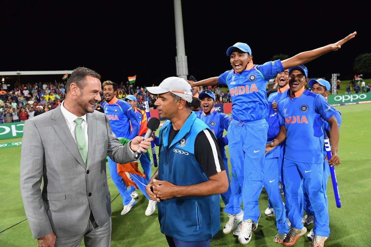 Prithvi Shaw and his team-mates celebrate as Rahul Dravid is interviewed, Australia v India, Under-19 World Cup, final, Mount Maunganui, February 3, 2018