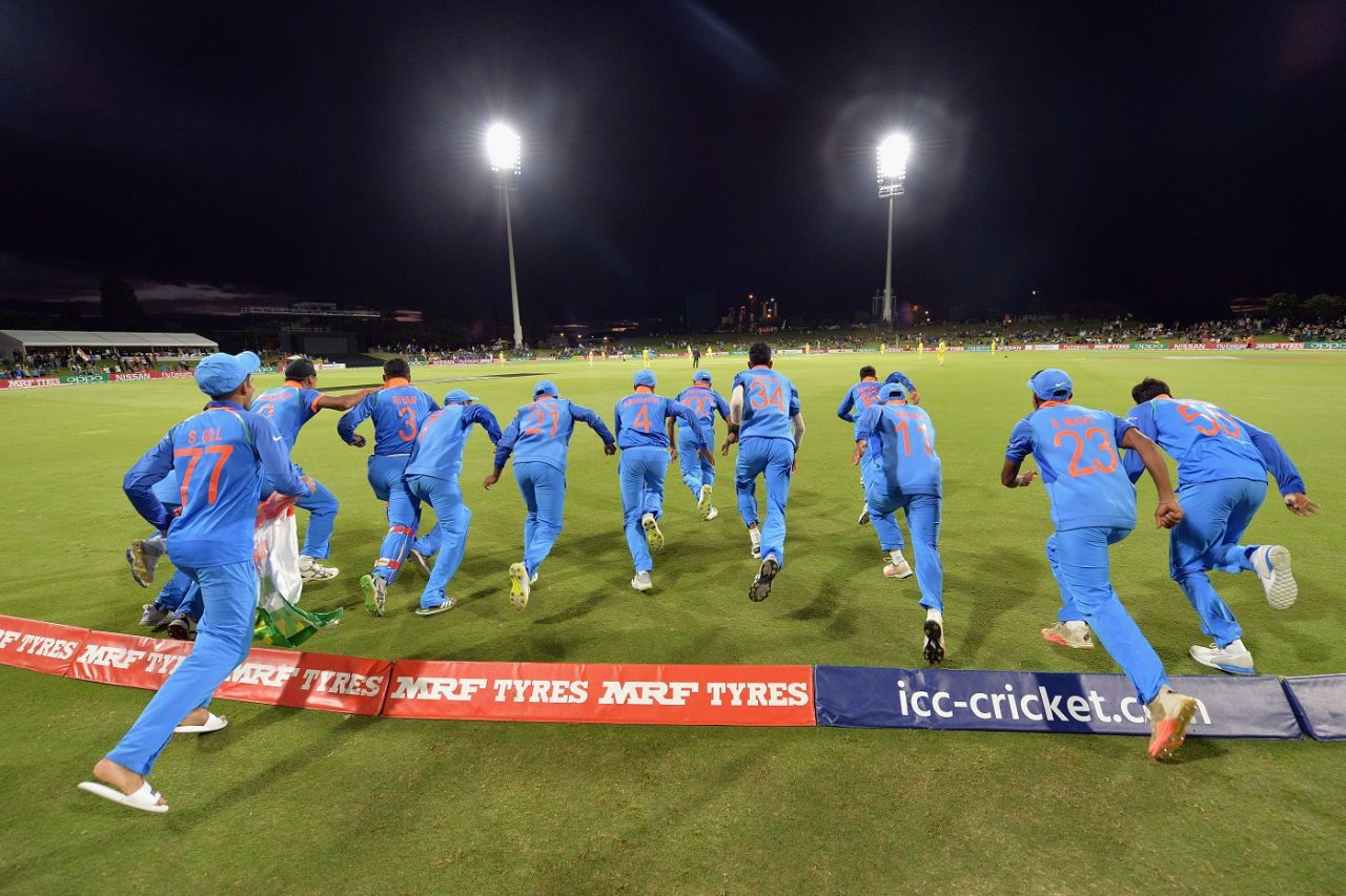 India players run onto the field to celebrate, Australia v India, Under-19 World Cup, final, Mount Maunganui, February 3, 2018