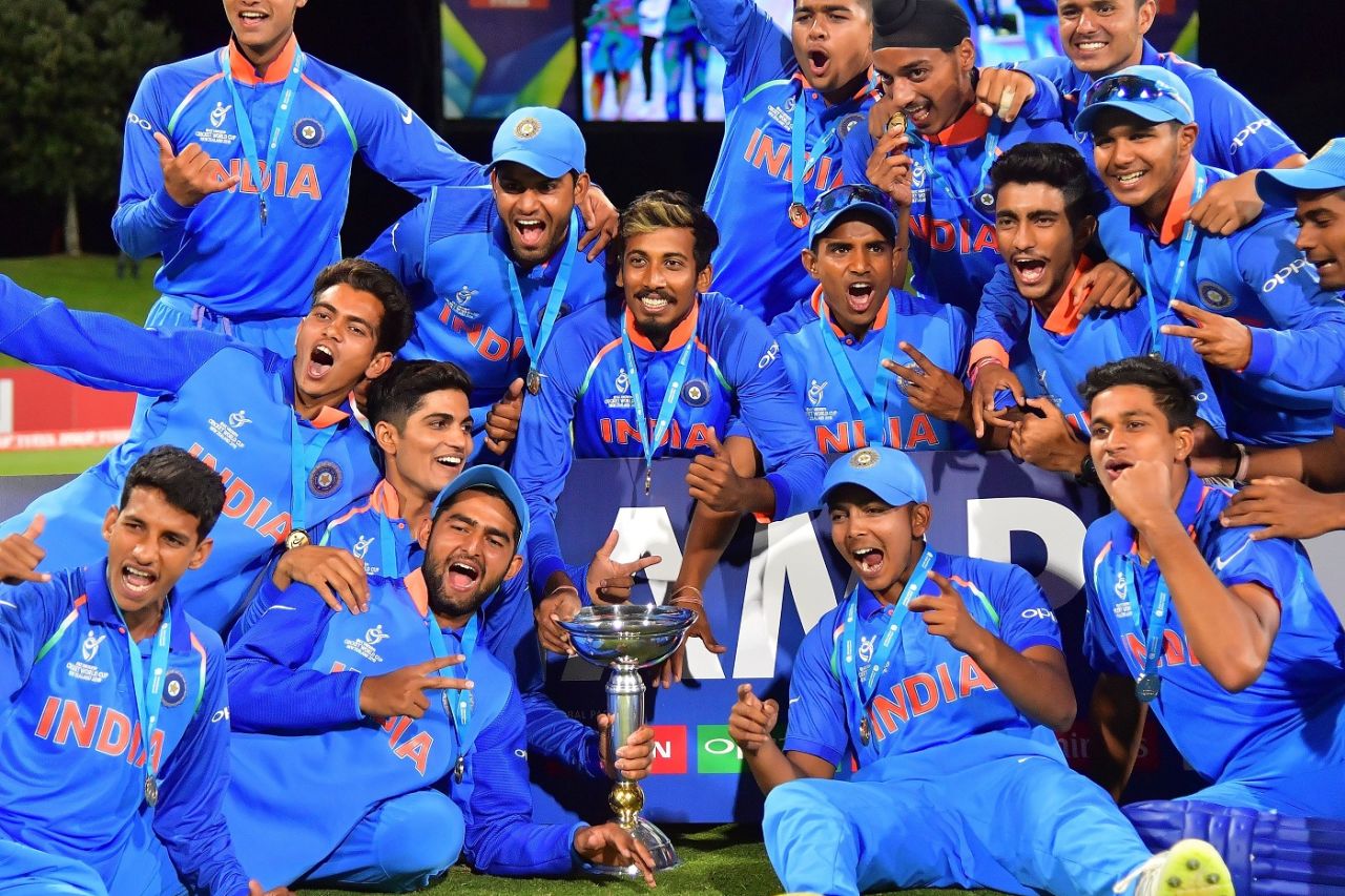 The India Under-19 team with the World Cup trophy, Australia v India, Under-19 World Cup, final, Mount Maunganui, February 3, 2018