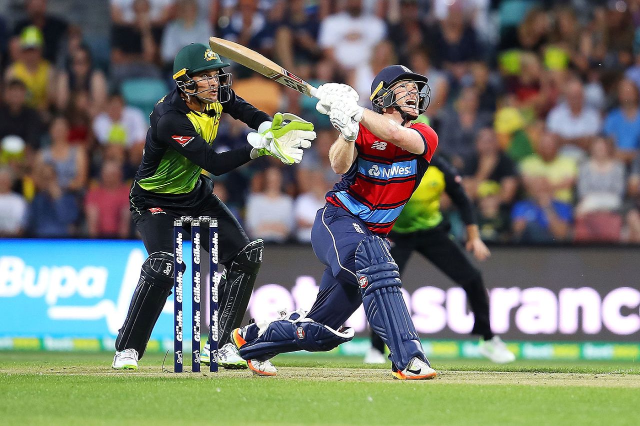 Eoin Morgan skied a slog to be caught for 22, Australia v England, 2nd match, T20 Tri-Series, Hobart, February 7, 2018