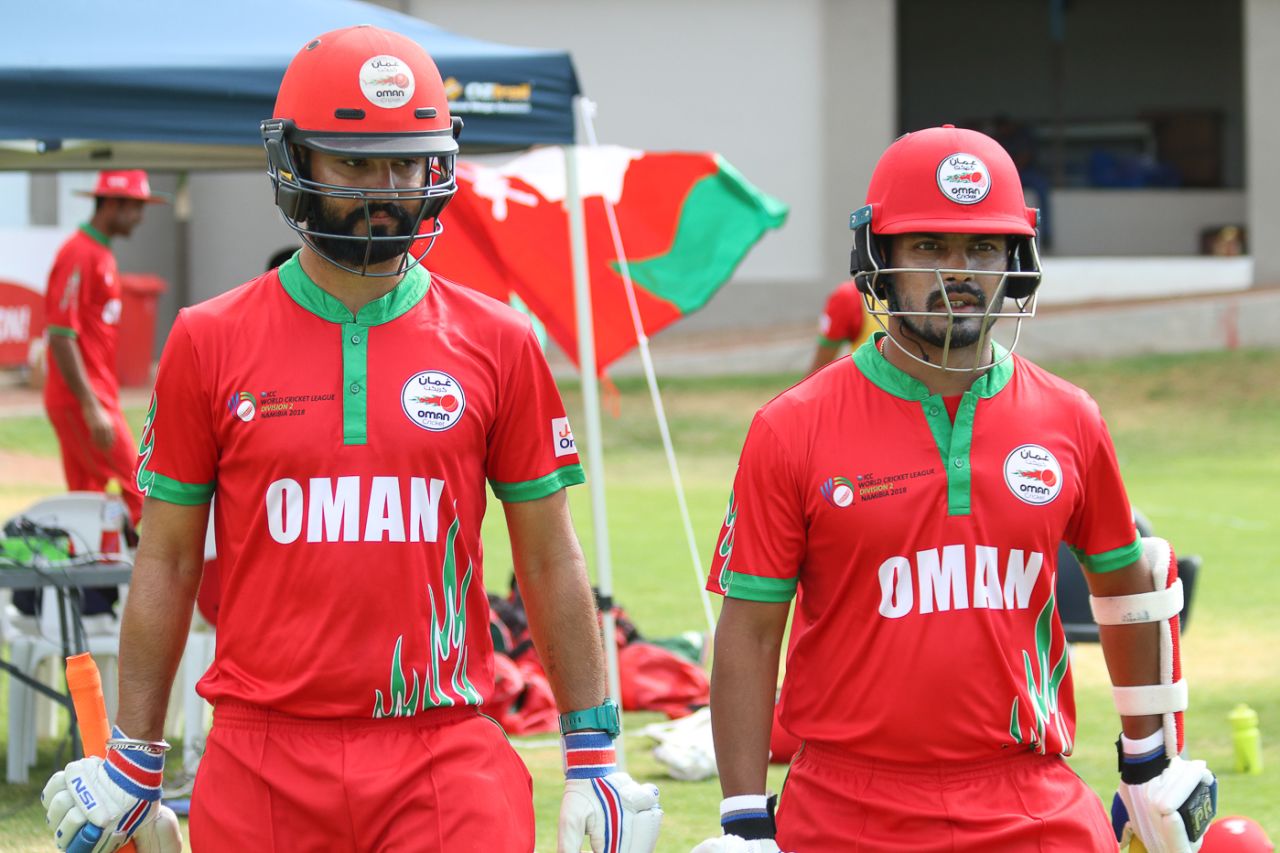 Jatinder Singh and Swapnil Khadye cross the rope for the start of play, Canada v Oman, ICC World Cricket League Division Two, Windhoek, February 8, 2018