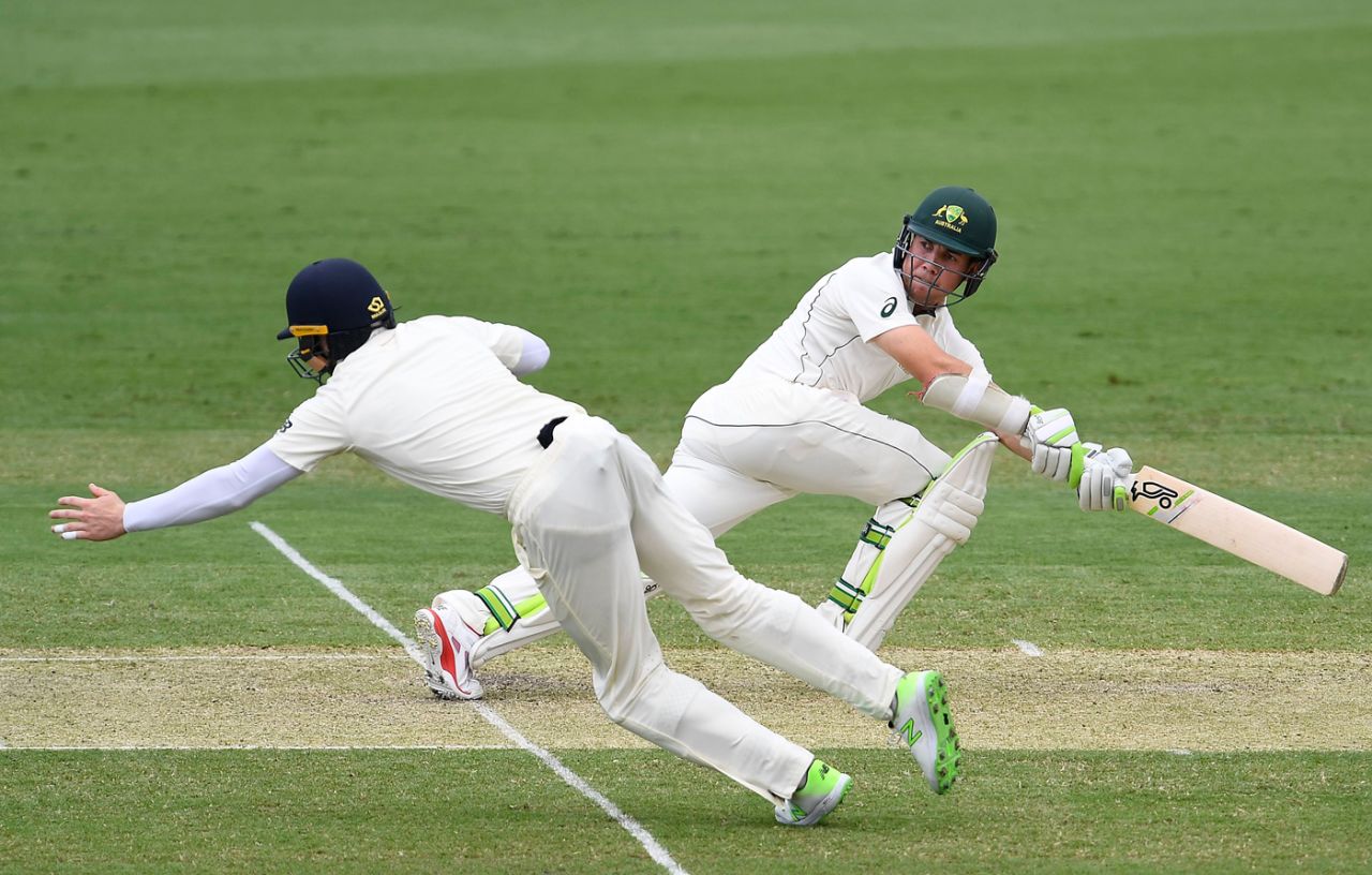 Harry Nielsen plays a sweep, CA XI v England, tour match, 1st day, Townsville, November 15, 2017