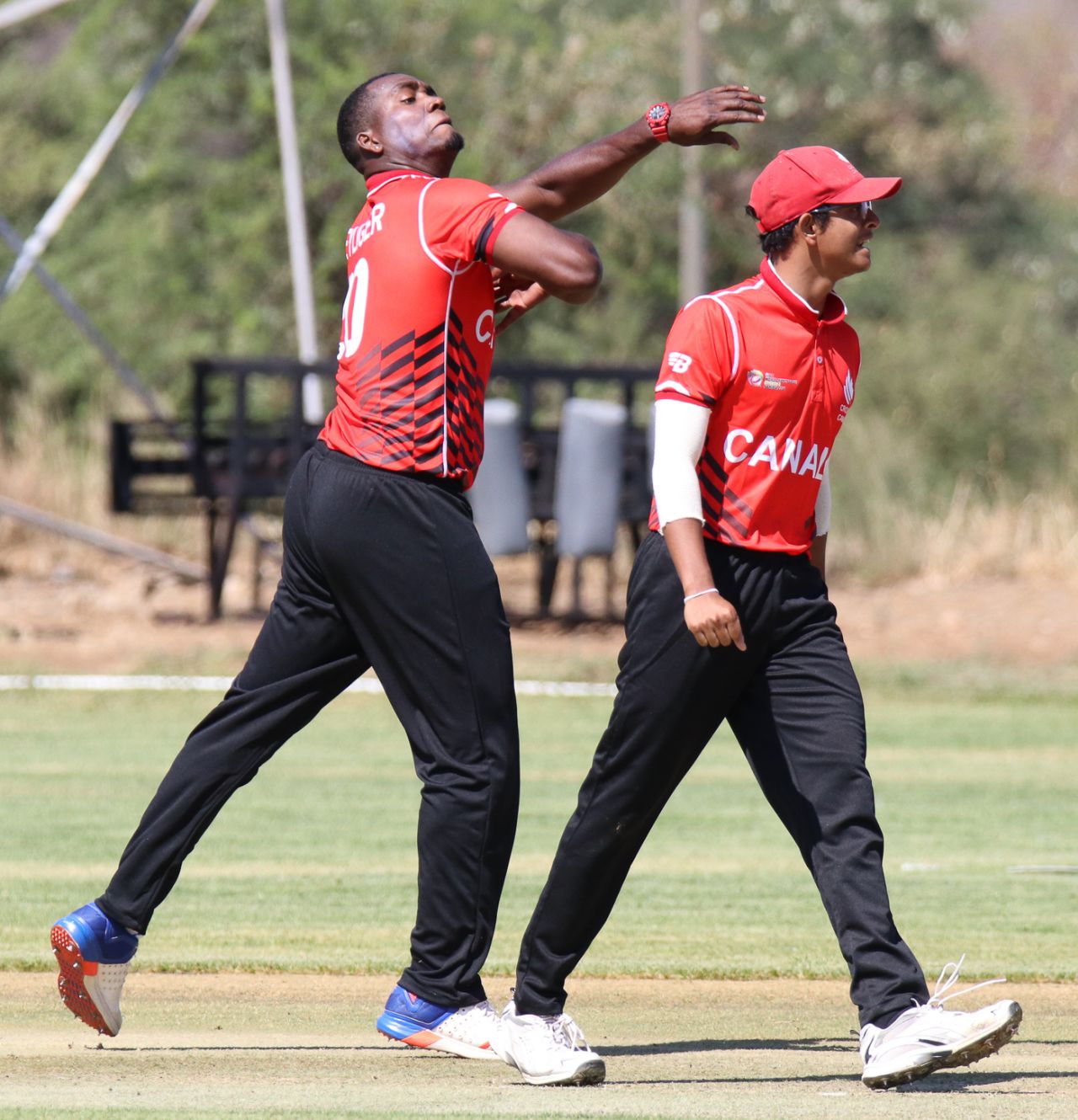 Dillon Heyliger mocks the opposition batsman while celebrating a wicket, Canada v Oman, ICC World Cricket League Division Two, Windhoek, February 8, 2018