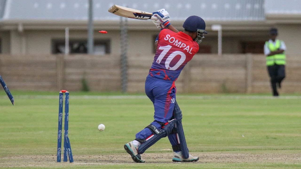 Sompal Kami has his off stump shattered by Craig Williams, Namibia v Nepal, ICC World Cricket League Division Two, Windhoek, February 8, 2018