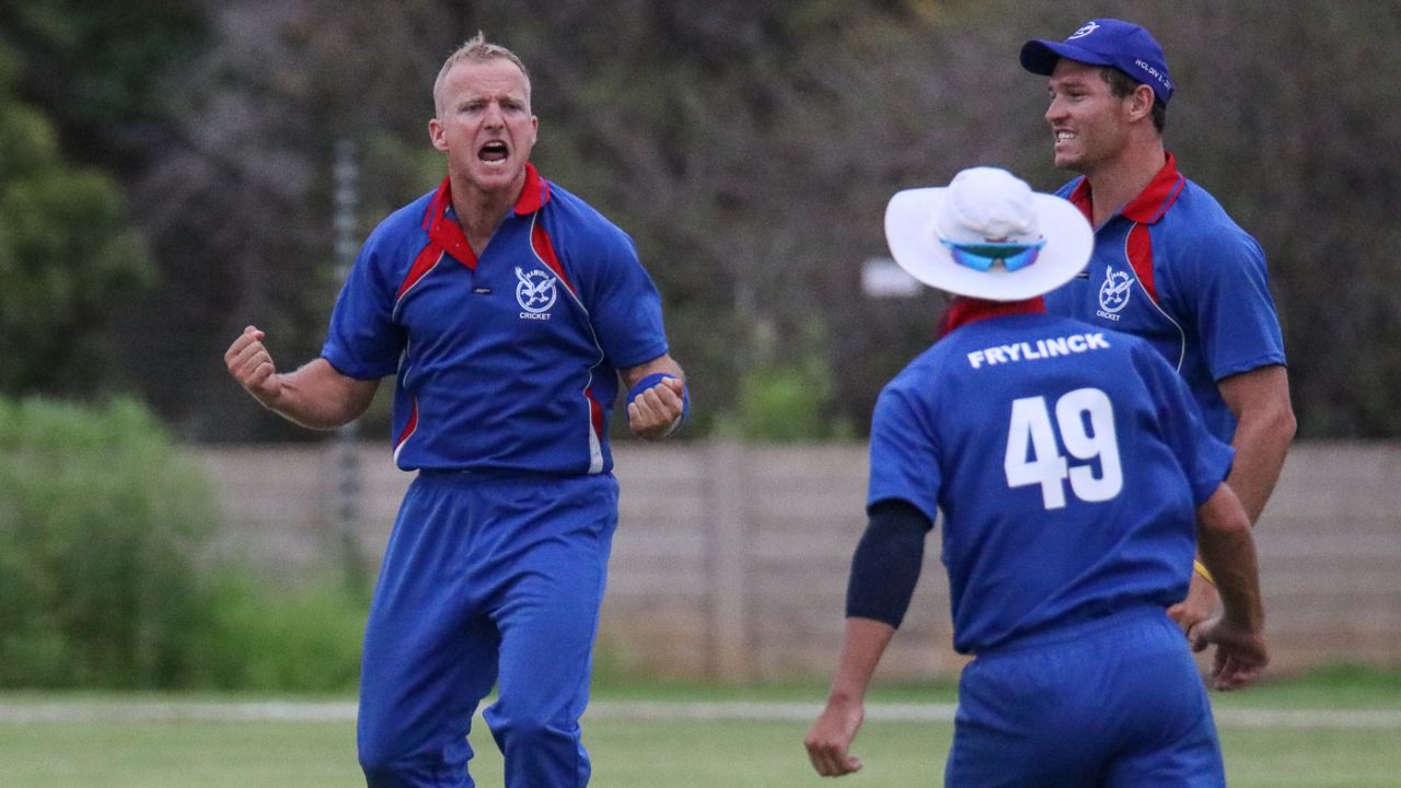Craig Williams erupts after taking another wicket, Namibia v Nepal, ICC World Cricket League Division Two, Windhoek, February 8, 2018