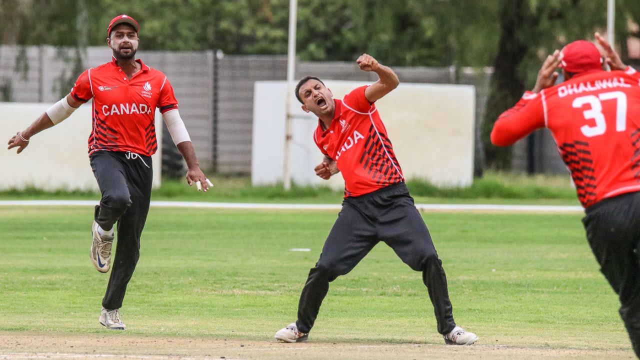 Cecil Pervez punches the air after claiming the final wicket to seal victory, Canada v UAE, ICC World Cricket League Division Two, Windhoek, February 9, 2018