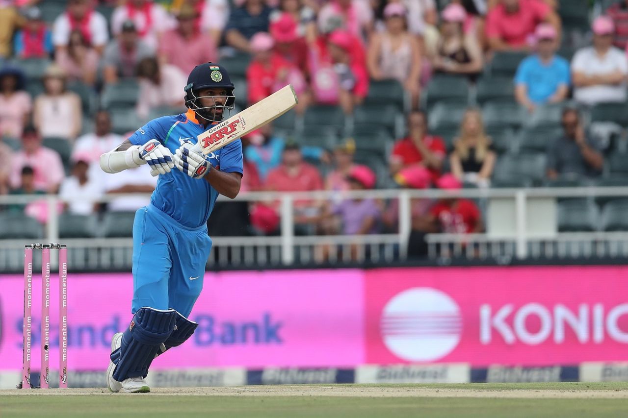 Shikhar Dhawan drives down the ground, South Africa v India, 4th ODI, Johannesburg, February 10, 2018