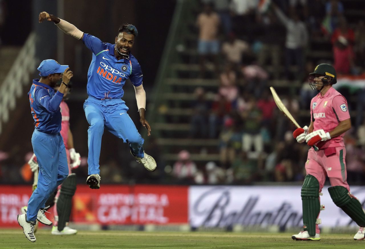 Hardik Pandya is thrilled after dismissing AB de Villiers, South Africa v India, 4th ODI, Johannesburg, February 10, 2018