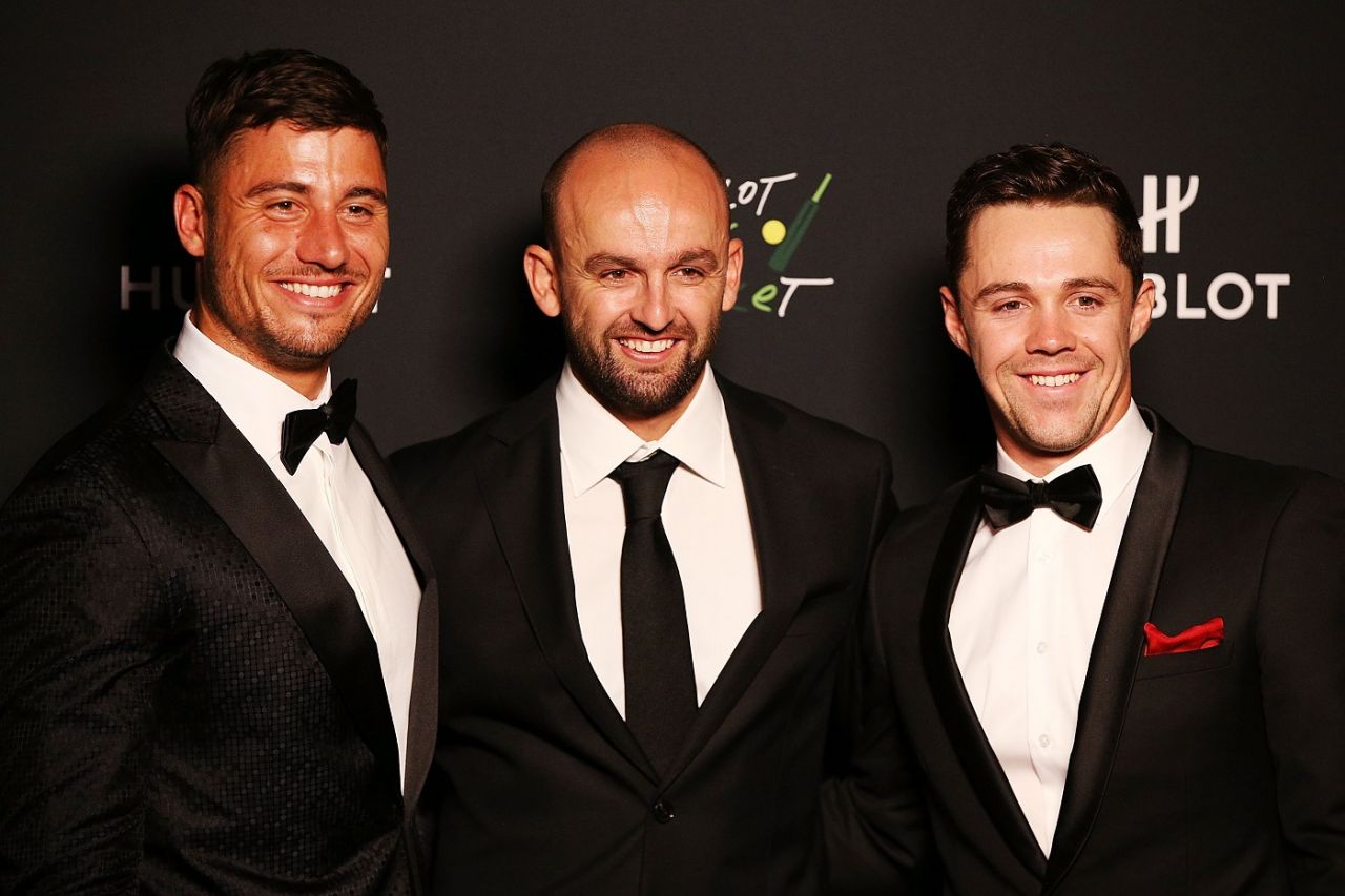 Marcus Stoinis, Nathan Lyon and Travis Head at the Allan Border Medal ceremony, Melbourne, February 12, 2018