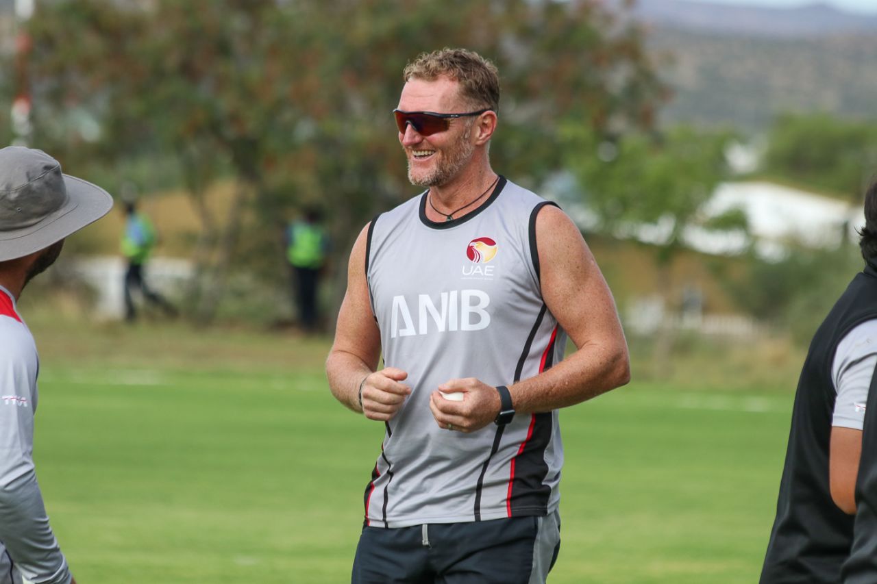 UAE coach Dougie Brown is rarely without a smile on his face around the squad, Nepal v UAE, ICC World Cricket League Division Two, Windhoek, February 11, 2018