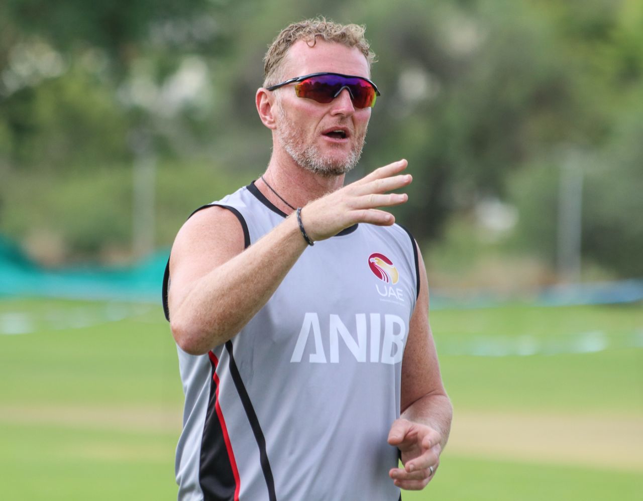 Coach Dougie Brown gives instructions to his squad ahead of a warm-up drill, Nepal v UAE, ICC World Cricket League Division Two, Windhoek, February 11, 2018