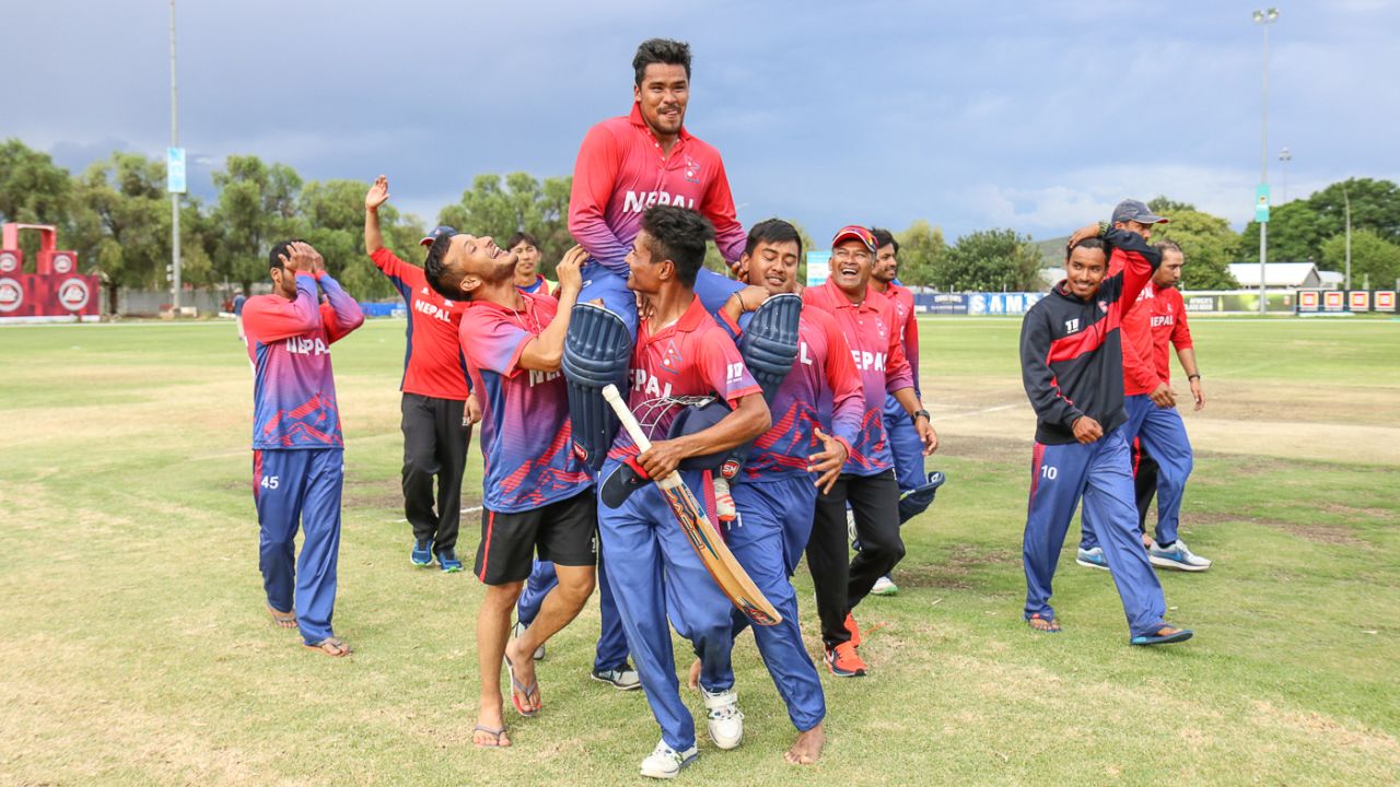 Karan KC is carried off the field on his team-mates shoulders after scoring the winning run, Canada v Nepal, ICC World Cricket League Division Two, Windhoek, February 14, 2018