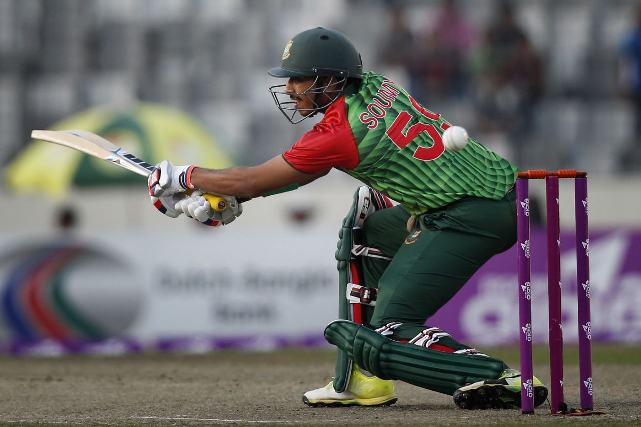 Soumya Sarkar misses a cut away from his body, Bangladesh v Sri Lanka, 1st T20I, Mirpur, February 15, 2018
