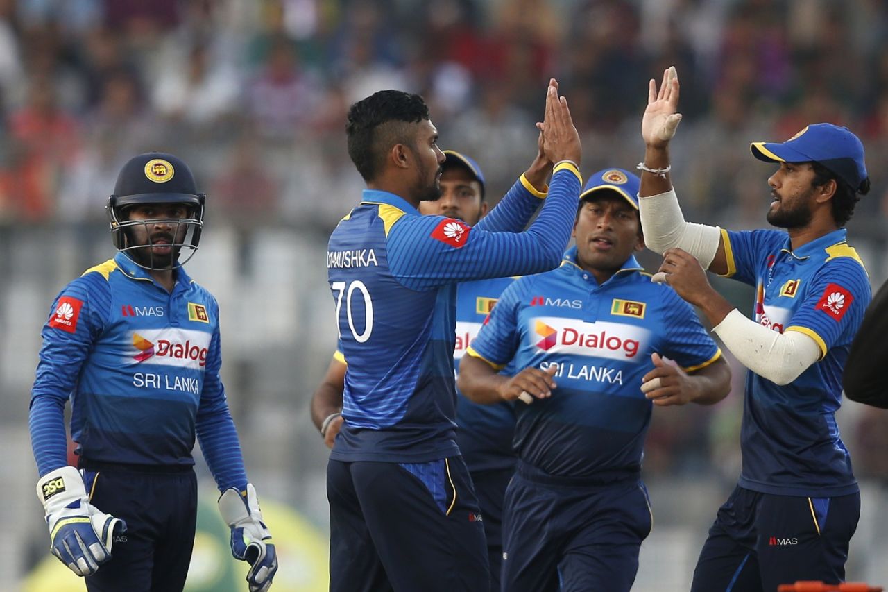 Danushka Gunathilaka celebrates a wicket with his team-mates, Bangladesh v Sri Lanka, 1st T20I, Mirpur, February 15, 2018
