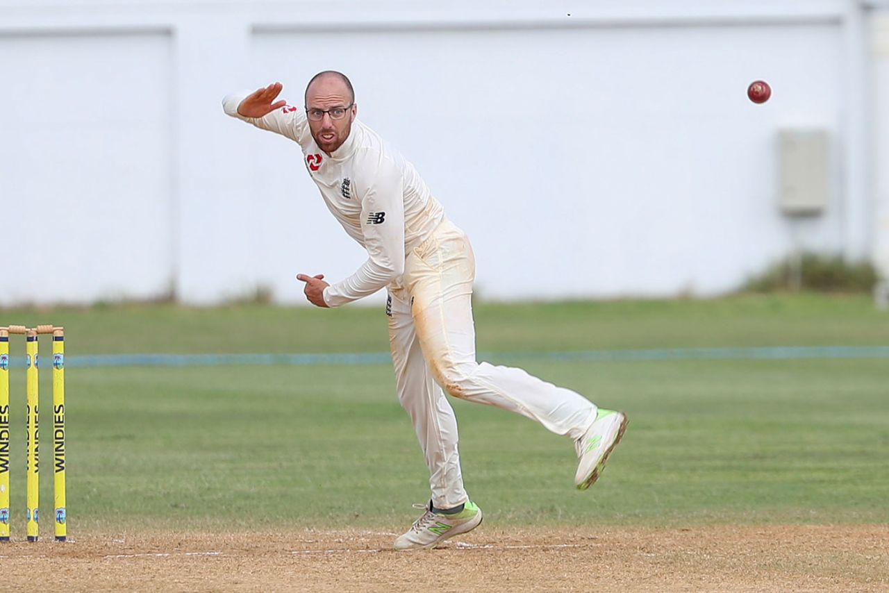 Jack Leach in action against West Indies A, West Indies A v England Lions, 1st four-day game, Trelawny Stadium, February 14, 2018