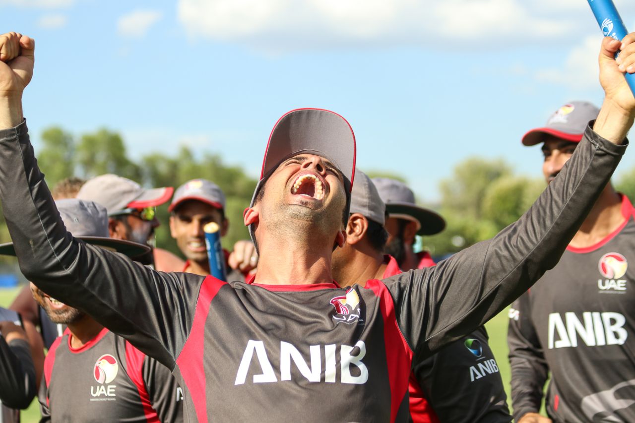 UAE captain Rohan Mustafa lets out a victory scream after winning WCL Division Two, Nepal v UAE, ICC World Cricket League Division Two, Final, Windhoek, February 15, 2018
