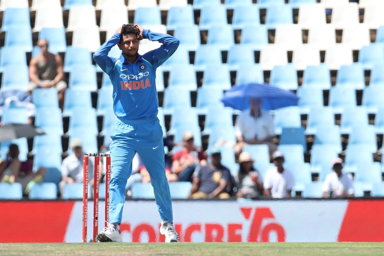 Kuldeep Yadav reacts after delivering a ball, South Africa v India, 6th ODI, Centurion, February 16, 2018

