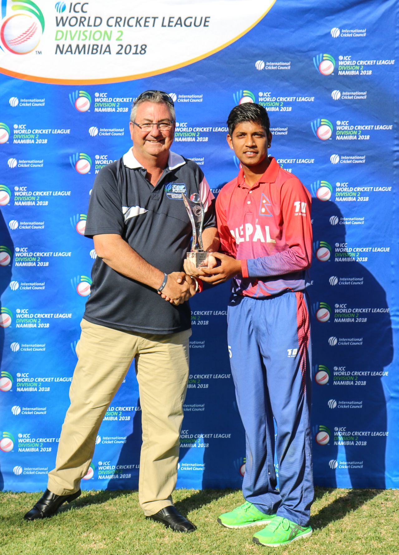 Sandeep Lamichhane accepts the Player of the Tournament award after taking 17 wickets, Nepal v UAE, ICC World Cricket League Division Two, Final, Windhoek, February 15, 2018