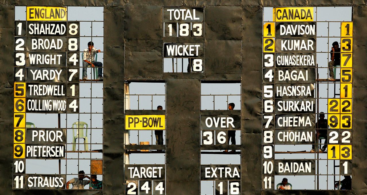 Scorers manually operate the scoreboard in Fatullah, February 19, 2011