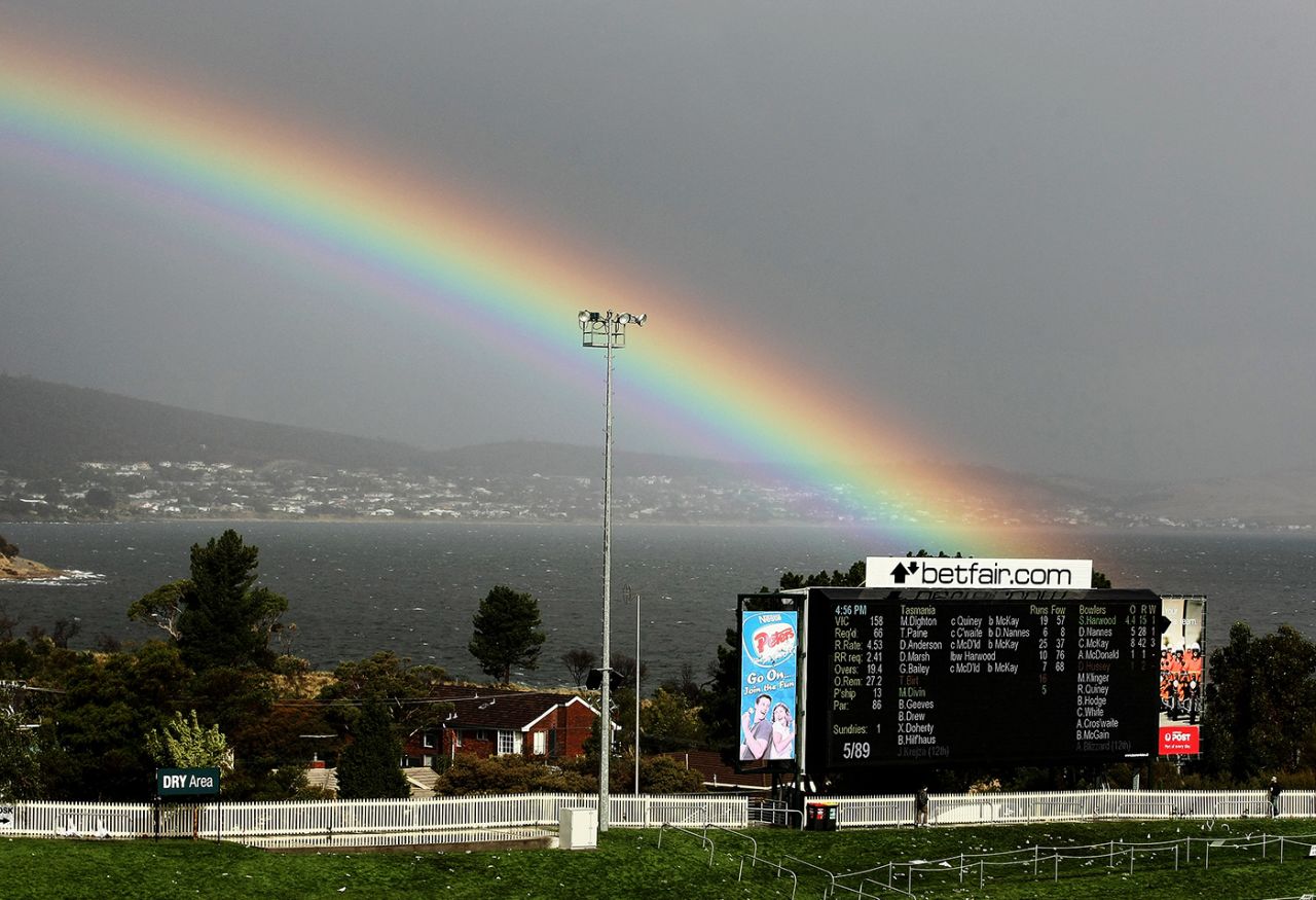 A rainbow appears over the scoreboard in Hobart, Tasmania v Victoria,  Ford Ranger Cup final, Hobart, February 23, 2008 
