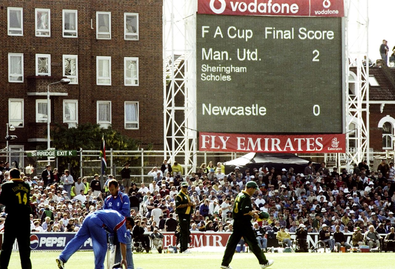 The FA Cup final score is shown on the scoreboard at The Oval, England v South Africa, Group A, World Cup, The Oval, May 22, 1999