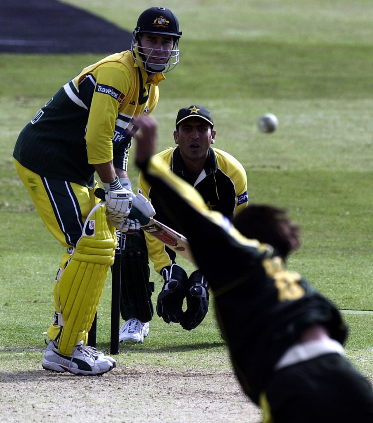 Michael Bevan watches the ball bowled by Shahid Afridi, Australia v Pakistan, NatWest Trophy, Cardiff, June 9, 2001