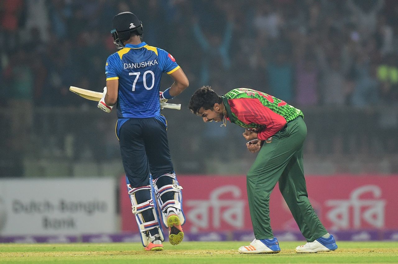 Soumya Sarkar roars after dismissing Danushka Gunathilaka, Bangladesh v Sri Lanka, 2nd T20I, Sylhet