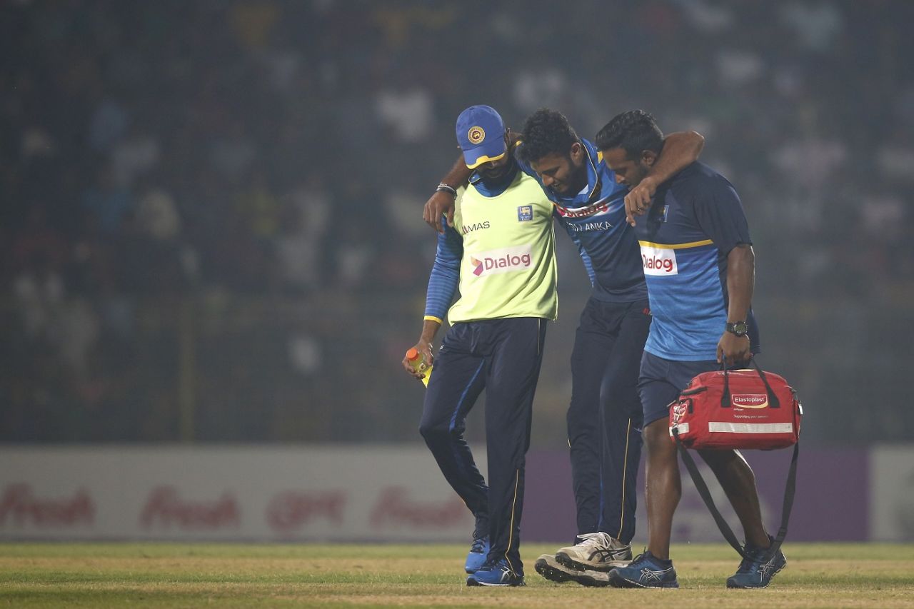 Shehan Madushanka is helped off the field, Bangladesh v Sri Lanka, 2nd T20I, Sylhet