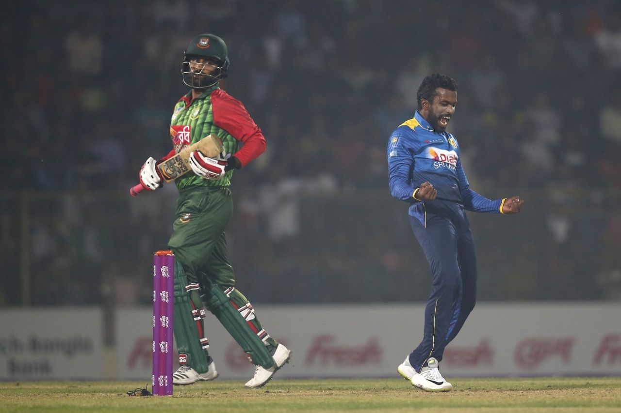Amila Aponso celebrates the wicket of Tamim Iqbal, Bangladesh v Sri Lanka, 2nd T20I, Sylhet
